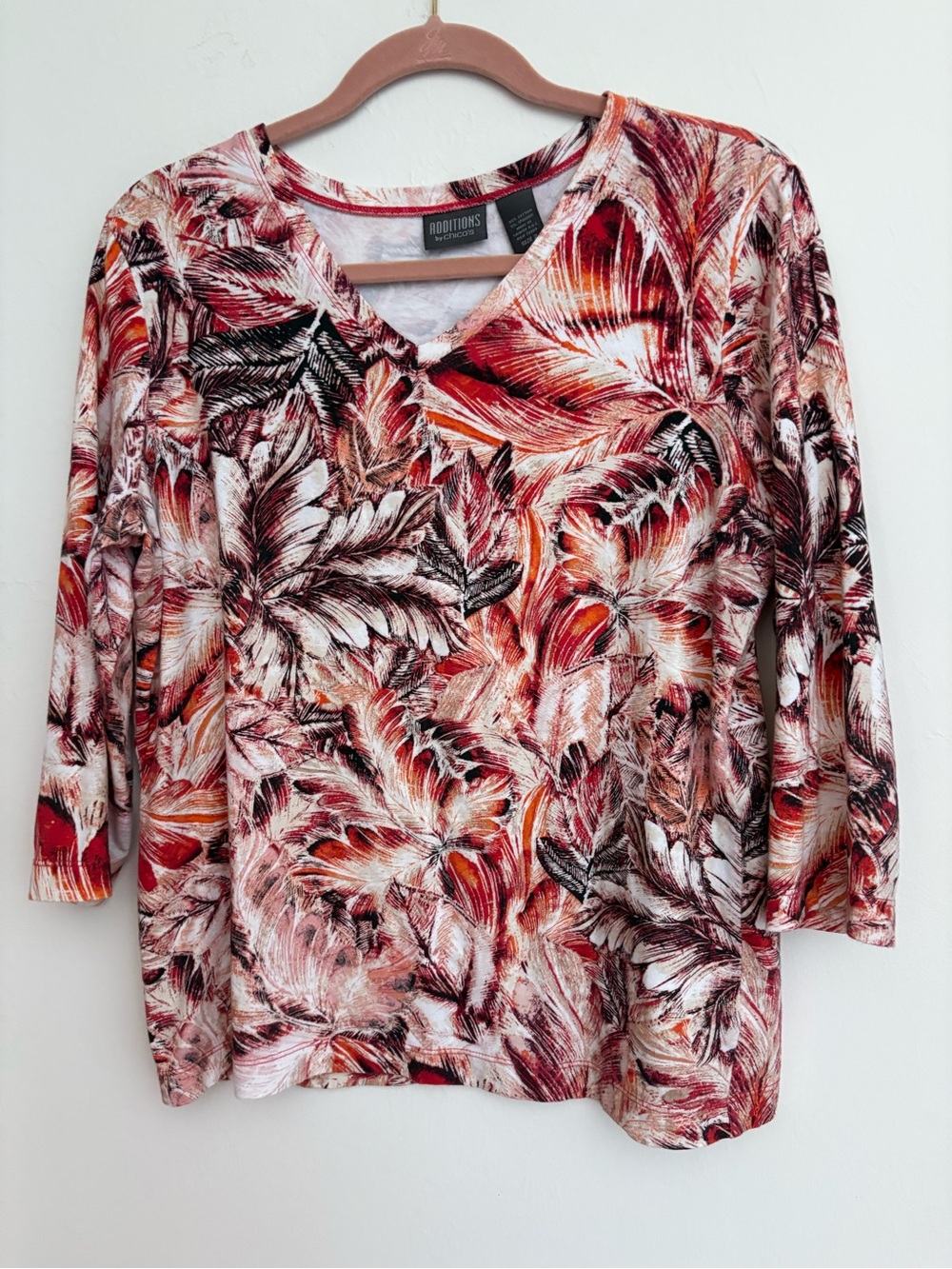 181. Additions by Chico’s. V-Neck Long Sleeve Top in Red Multi ptp22”L25”